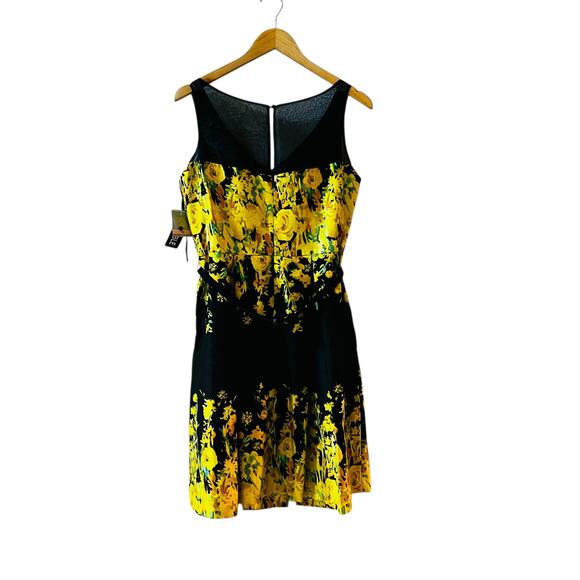 Danny & Nicole Floral Print Belted Sleeveless Dress Size 10 NWT Black Yellow - Picture 2 of 6
